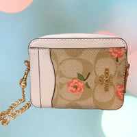 COACH ZIP CARD CASE IN SIGNATURE CANVAS WITH FLOWER FLORAL PRINT CR971