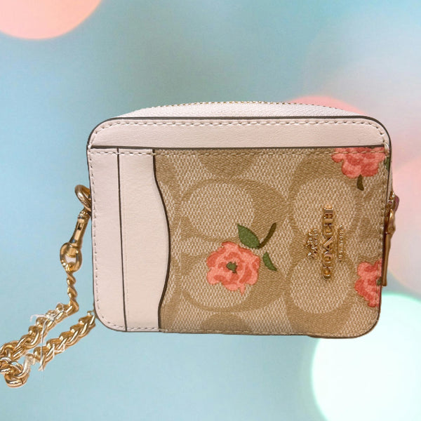 COACH ZIP CARD CASE IN SIGNATURE CANVAS WITH FLORAL PRINT CR971