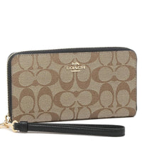 COACH LONG ZIP AROUND WALLET IN SIGNATURE CANVAS C4452 BROWN BLACK STRAP