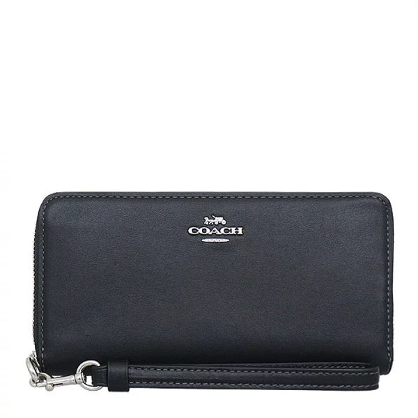 COACH LONG ZIP AROUND WALLET C3441 FULL LEATHER BLACK SILVER