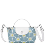 LONGCHAMP LE PLIAGE COLLECTION POUCH  CROSSBODY SKY BLUE CIEL - CANVAS 34205 HEW 028 EMBROIDERY FLORAL FLOWER