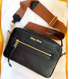MIU MIU CAMERA BAG BLACK COBALT FULL LEATHER 5BH139