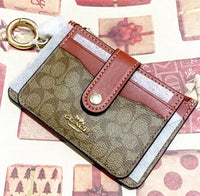 COACH ATTACHMENT CARD CASE IN SIGNATURE CANVAS KHAKI TERRACOTTA CE697 / C6881 / C7398