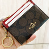 COACH MINI SKINNY ID CASE IN SIGNATURE CANVAS 88208 COIN KEY POUCH DARK BROWN RED