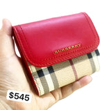 BURBERRY CHEKER PLAID PATTERNS CANVAS LEATHER SMALL LADIES WALLET 80328631 RED
