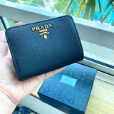 PRADA COMPACT VITELLO MOVE LEATHER WALLET BLACK 1ML018