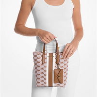 MICHAEL KORS VINCENT SMALL LOGO JACQUARD CONVERTIBLE TOTE BAG WITH CARD CASE LUGGAGE 35S5G2VT5J BROWN