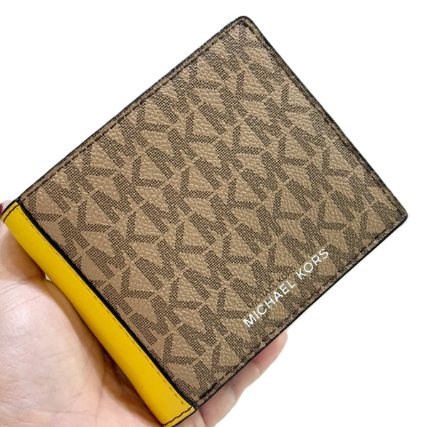 MICHAEL KORS COOPER SIGNATURE LOGO BILLFOLD WITH PASSCASE WALLET IN DAISY YELLOW 36S5LCOF2B