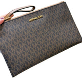 MICHAEL KORS WOMEN'S JET SET TRAVEL LARGE TOP ZIP PEBBLED LEATHER WRISTLET POUCH 35T4GTVW3B BROWN SIGNATURE