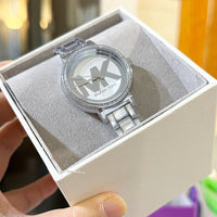 MICHAEL KORS BOXED SOFIE THREE-HAND SILVER-TONE STAINLESS STEEL WATCH MKO1053 36MM