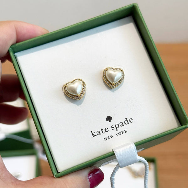 KATE SPADE NEW YORK MY LOVE PAVE PEARLY HEART HALO CREAM/GOLD STUD EARRINGS KA864 BOXED