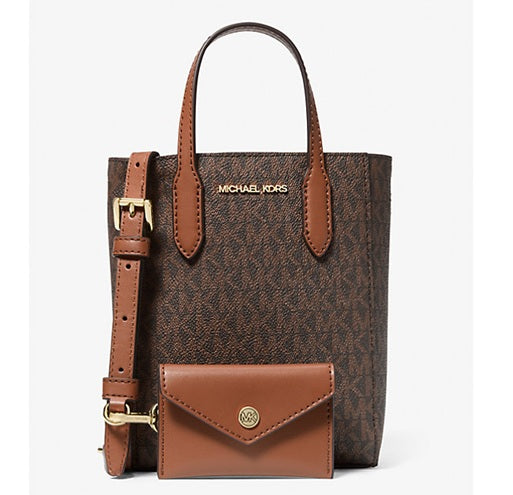 MICHAEL KORS XS VINCENT 35F4G2VC0B  CROSSBODY BAG WITH EXTRA  CARD CASE SIGNATURE BROWN