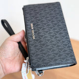 MICHAEL KORS JET SET TRAVEL LARGE DOUBLE ZIP LARGE WRISTLET WALLET 35F8GTVWOB SIGNATURE BLACK