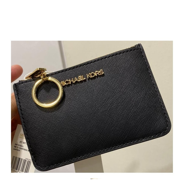 MICHAEL KORS JET SET TRAVEL SMALL TOP ZIP COIN POUCH WITH ID HOLDER SAFFIANO LEATHER 35F7GTVU1L BLACK