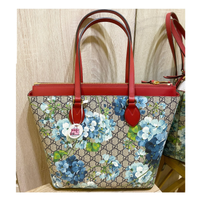 GUCCI VOU BLUE BLOOM SUPREME CANVAS LARGE TOTE WITH RED LEATHER TRIM 546315 8492 ZIP FLOWER FLORAL