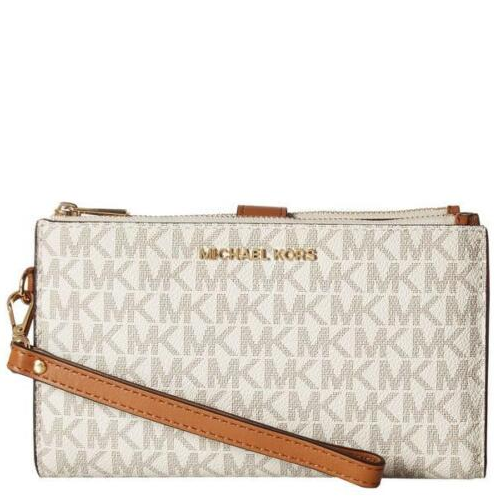 MICHAEL KORS JET SET TRAVEL LARGE DOUBLE ZIP WRISTLET SIGNATURE VANILLA/BROWN 35F8GTVWOB