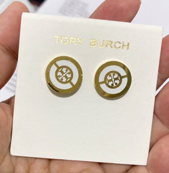 TORY BURCH MILLER STUD EARRINGS 88333  ENAMEL CIRCLE GOLDEN WHITE