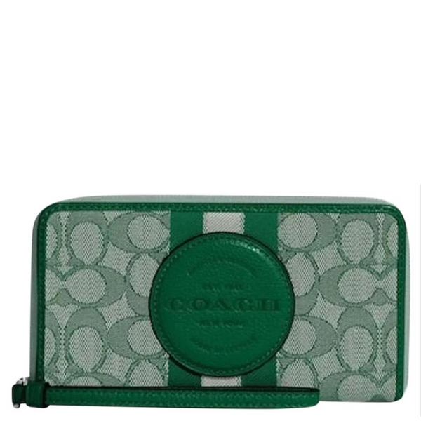 COACH DEMPSEY LARGE PHONE WALLET IN SIGNATURE JACQUARD WITH STRIPE AND COACH PATCH (COACH C9073) SILVER/GREEN