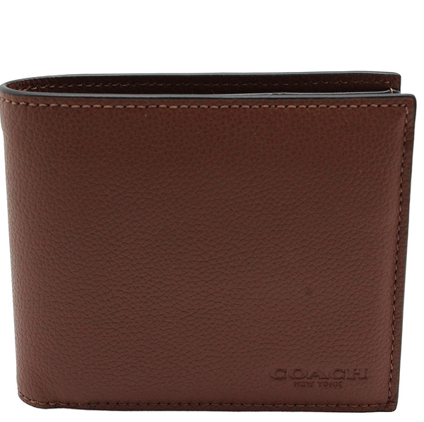 COACH F74991 BLACK COMPACT ID WALLET IN PLAIN LEATHER BROWN 2 IN ONE EXTRA CARD HOLDER