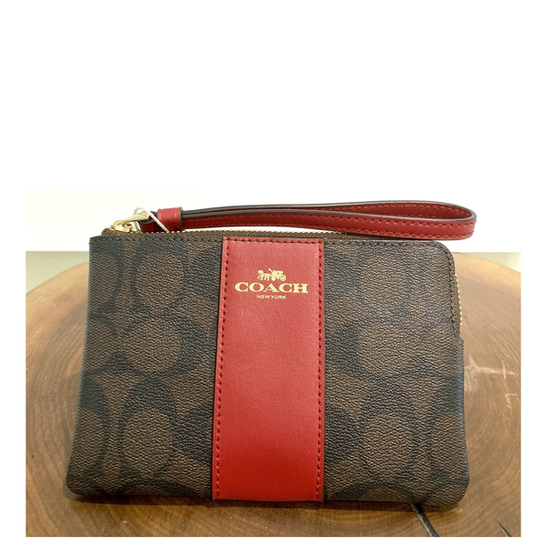 COACH CORNER ZIP WRISTLET IN SIGNATURE CANVAS F58035 RED BROWN CW854 cadysdeluxe