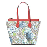 GUCCI VOU BLUE BLOOM SUPREME CANVAS LARGE TOTE WITH RED LEATHER TRIM 546315 8492 ZIP FLOWER FLORAL